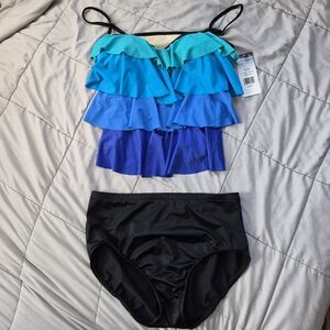 SlimShaper Color Mix Tiering Up Blue Tankini Top & Black Bottoms, Size 16, NWT